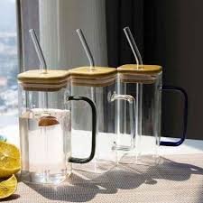 400ML GLASS MUG WITH BAMBOO COVER AND transparent GLASS STRAW