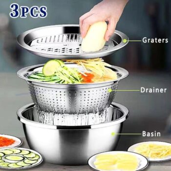 Multifunctional stainless steel 3in1 vegetable/fruit and rice washing bowl,with drainer and salad grater