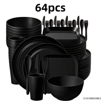 Wheat Straw Bowl Cup Plate Cutlery Set 64 Piece Plastic Plate Mug Bowl